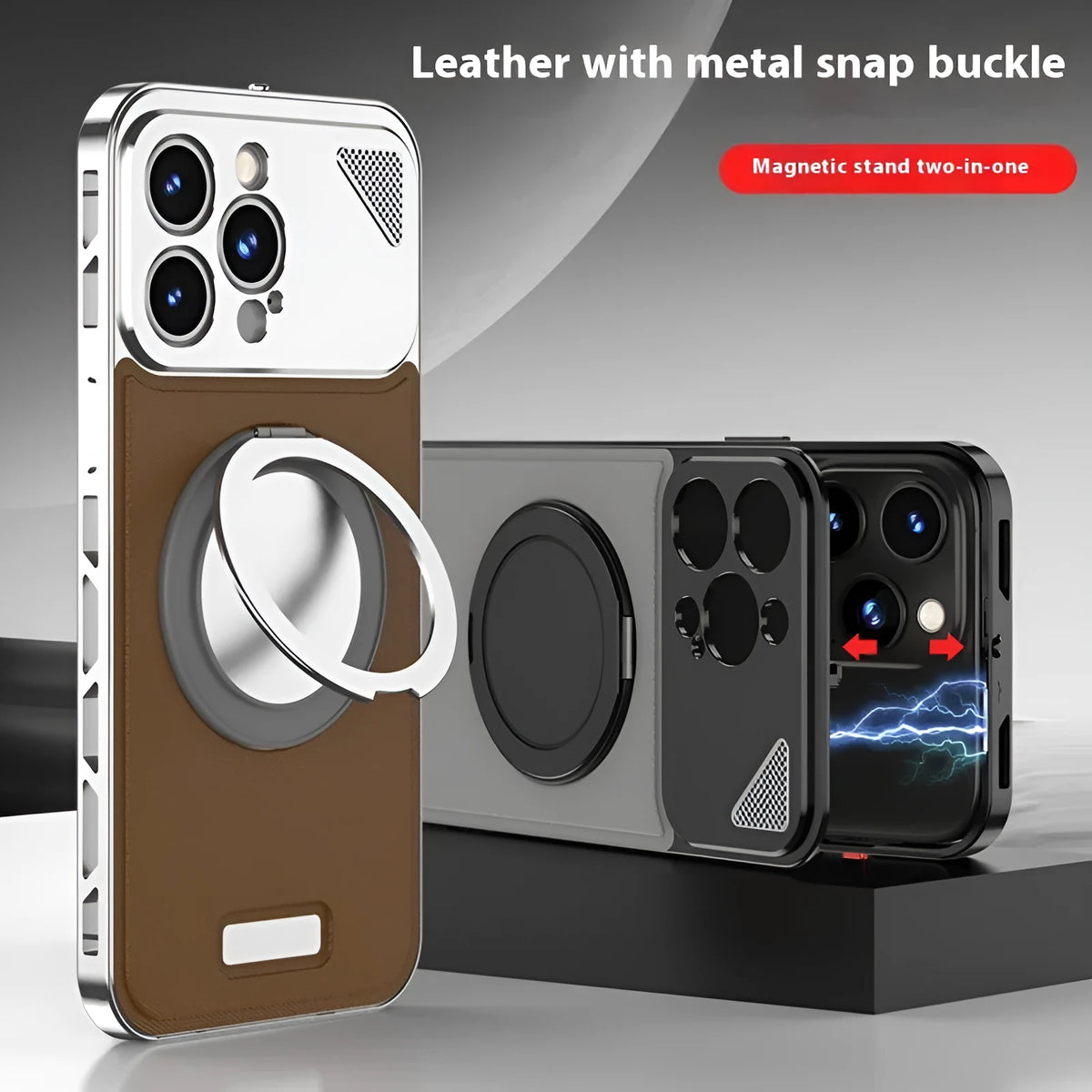 Aluminium alloy leather iPhone case with rotating bracket and magnetic suction, shown in black and blue.