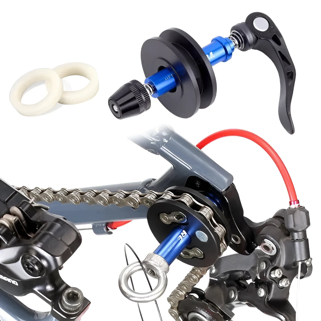 Aluminium bicycle chain holder tool for washing and tension measurement on a workbench.