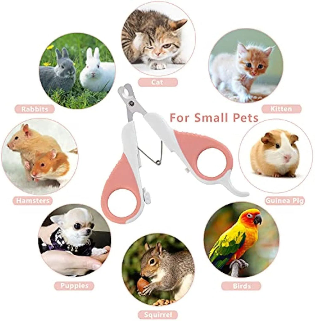 Grey and pink angled pet nail clippers with safety guard and rubberised handles.