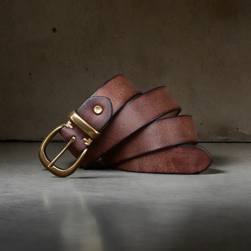 Men's casual leather belt with brass buckle in black brown khaki colours showing adjustable length 95-125cm