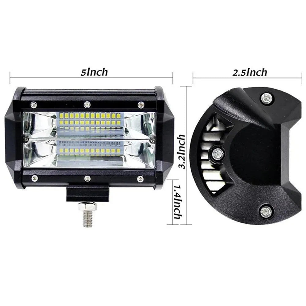 Black 5-inch LED off-road work light with aluminium housing mounted on a bracket