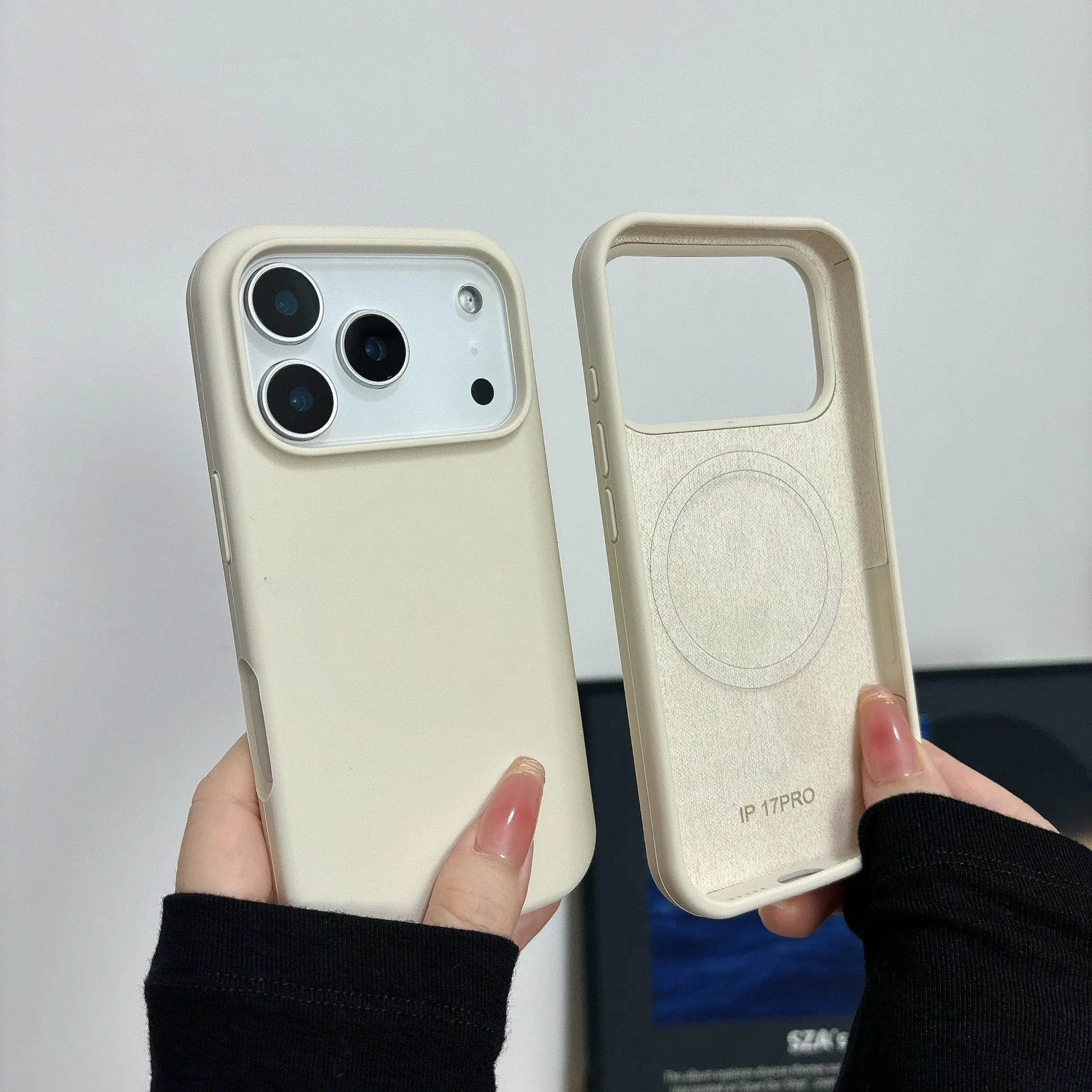 Liquid silicone magnetic charging case with AI button for Apple iPhone, shown in antique white colour
