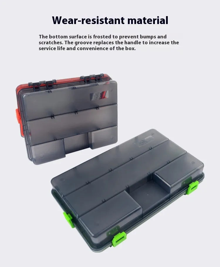 Waterproof fishing lure storage box in PP plastic showing colour options and size specifications