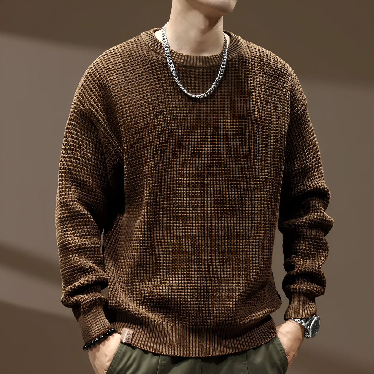 Men's loose fit cotton round neck sweater in dark coffee, thick needle retro knit, long sleeve pullover