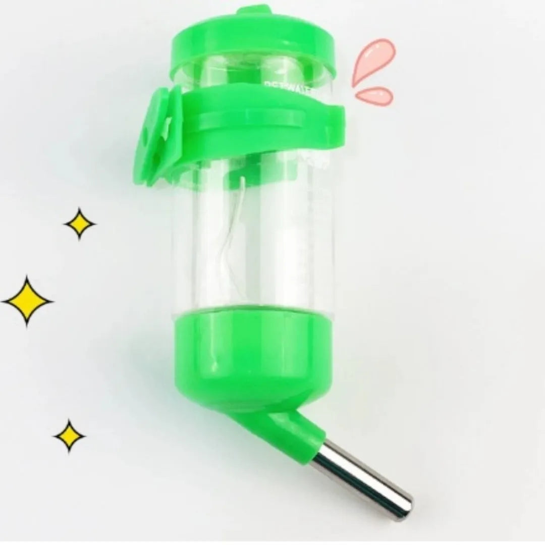 Green plastic ball kettle water feeder for pets with a leak-proof design, shown attached to a cage.
