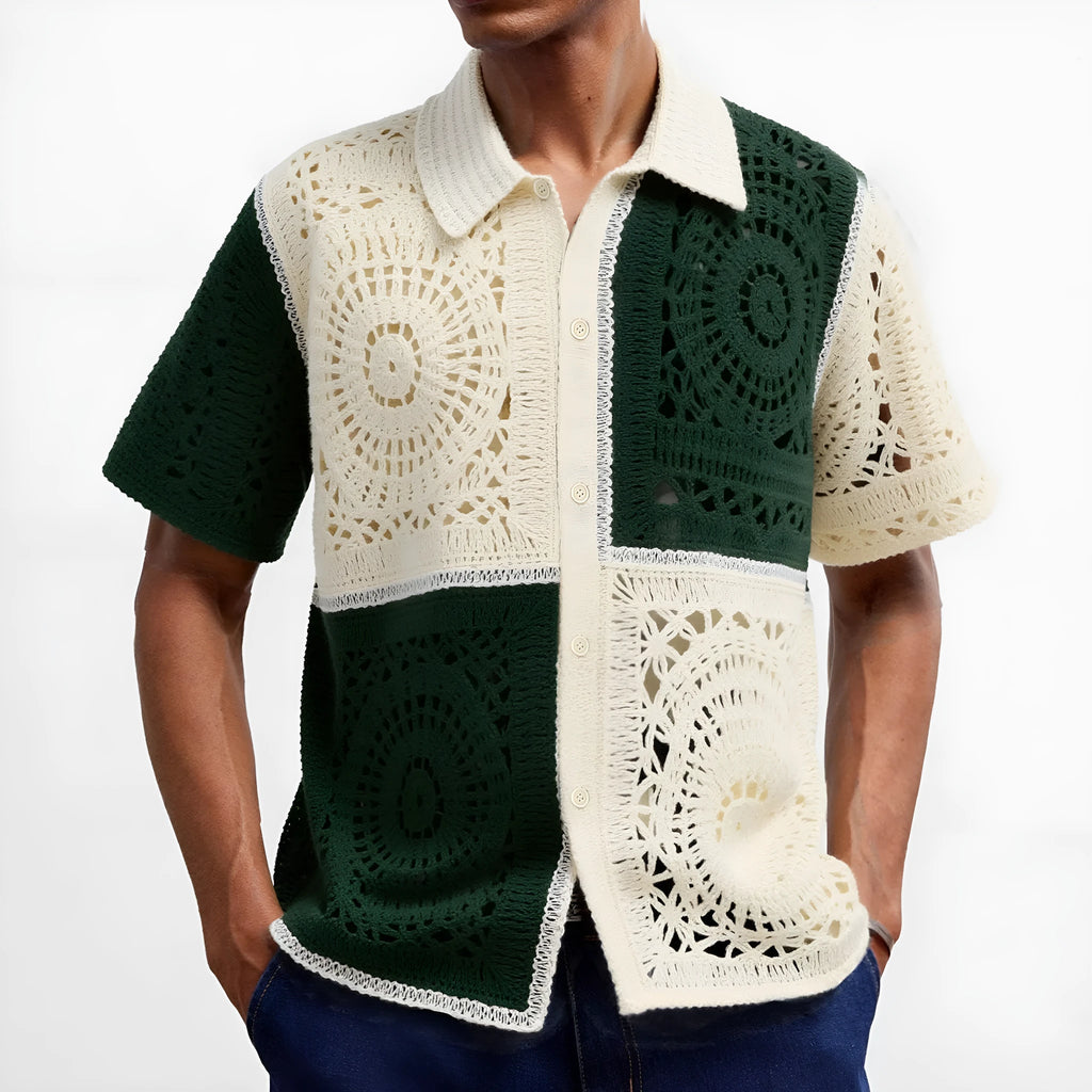 Beige colourblock men's knitted shirt with short sleeves on hanger