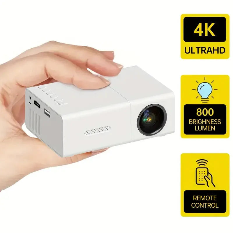 M100 portable mini LED projector in black or white showing 100-inch projection capability