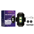 Mini Driving Light with magnetic base, strap, USB cable, rubber bands, and adhesive stickers on a white background.