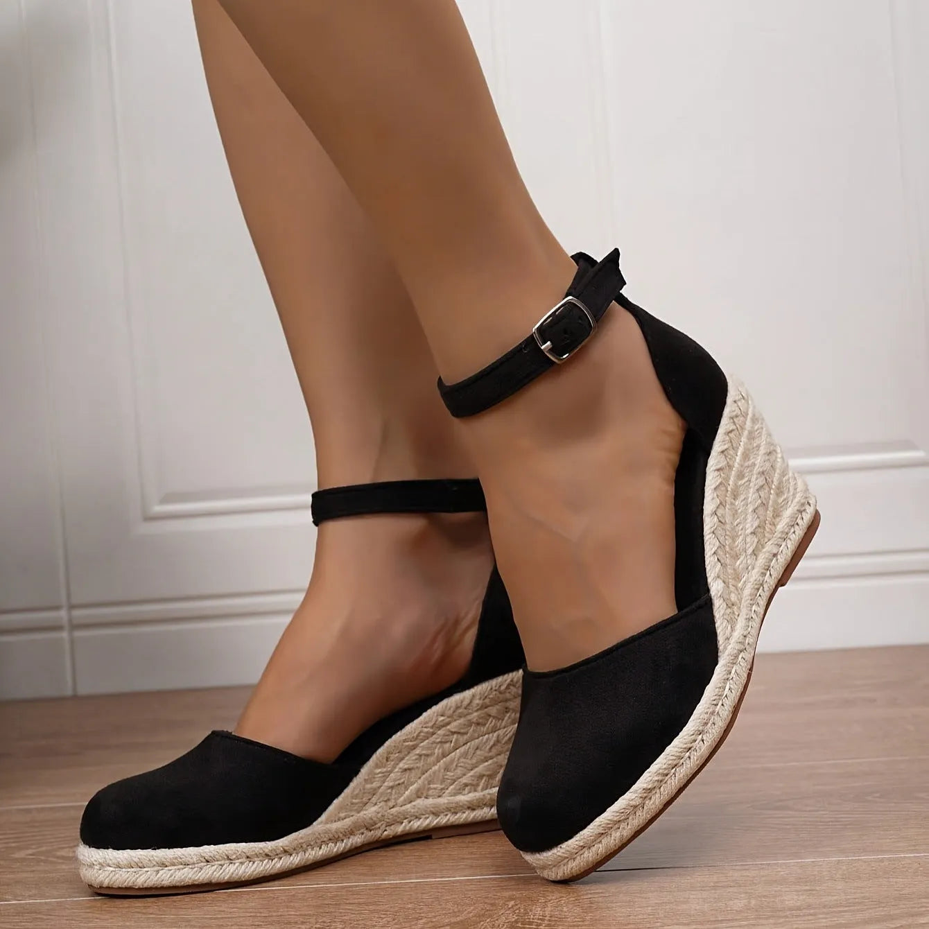 Women's apricot Roman-style canvas wedge sandals with suede upper and buckle closure