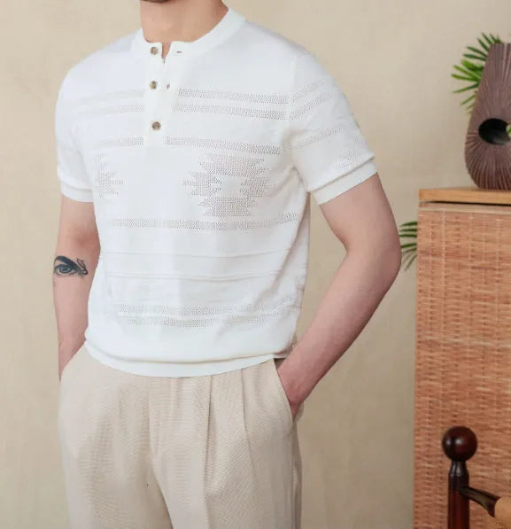 Knitted Henley shirt in denim blue, American retro slim-fit short sleeve, cotton Lyocell blend, front view