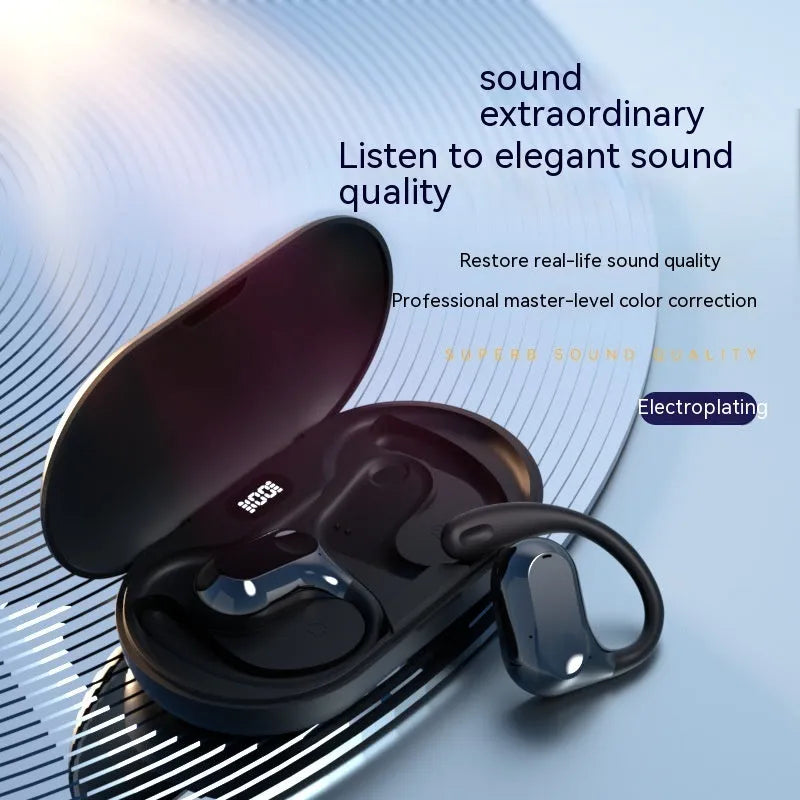 Ear-mounted bone conduction Bluetooth headset in ear-hanging clip design, black colour, with digital display, on a plain background