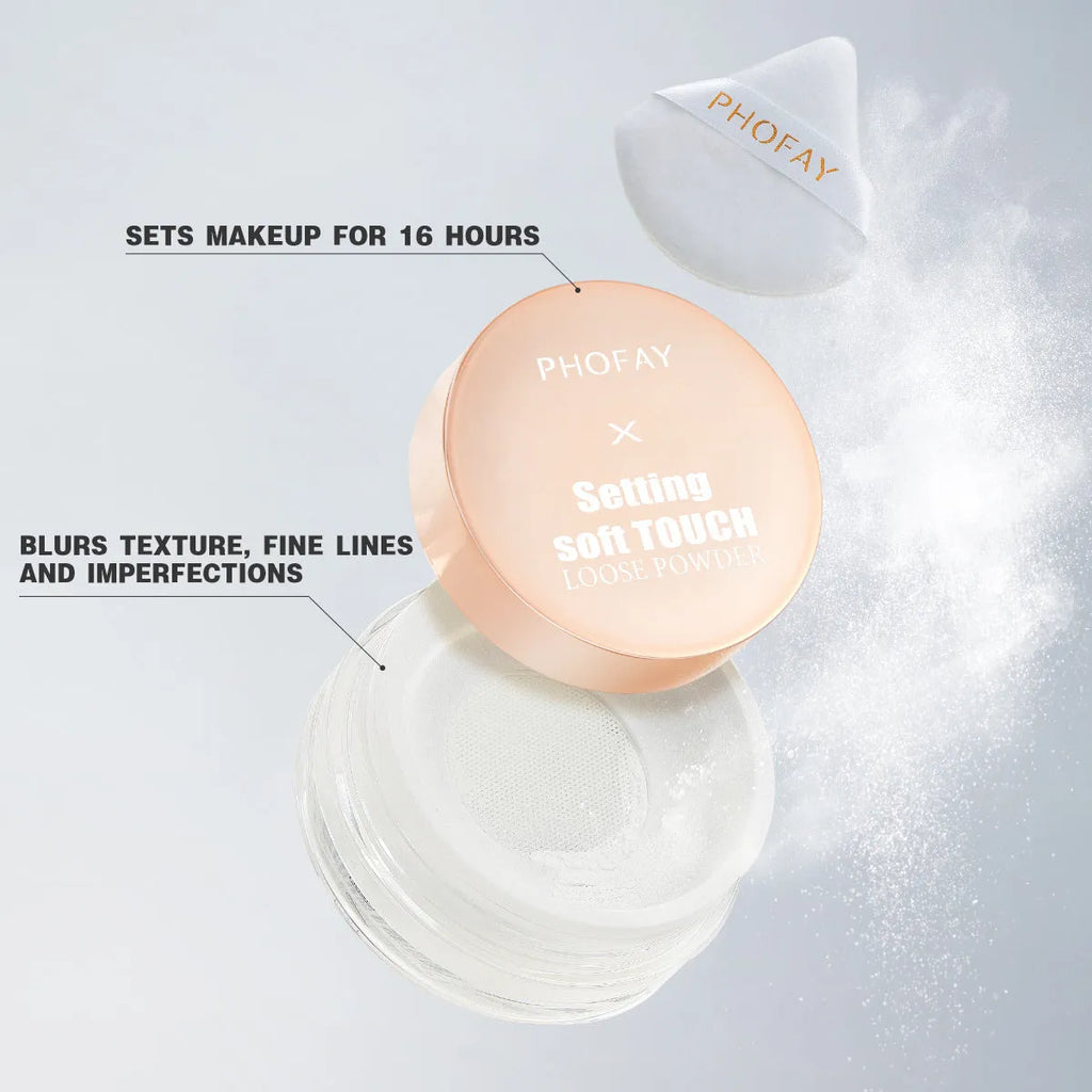 PHOFAY Setting Soft Touch Loose Powder 10g pot with net sifter and set point puff on white background
