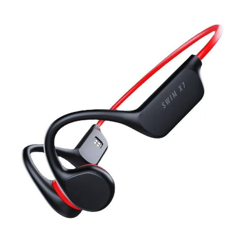 Bone conduction Bluetooth headset in black and red with ear-hook design for sports and waterproof use