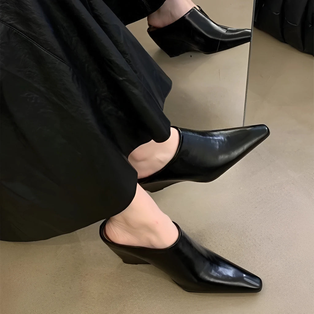 Women's wind wedge closed toe half slippers in three colour options showing front coverage with open heel design