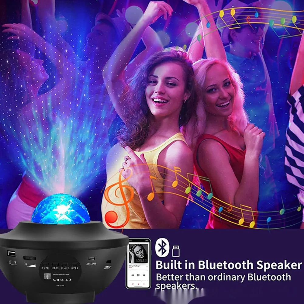 Black desktop star projection lamp with Bluetooth speaker and rotating water ripple laser effects