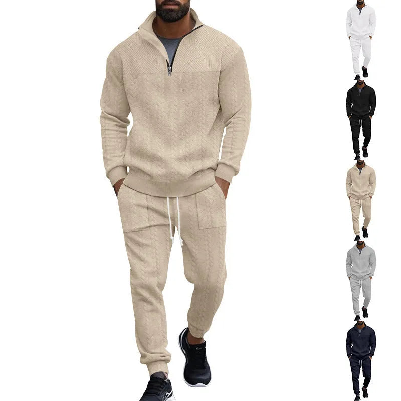 Men's casual fleece-lined warm-up track pants set in khaki, showing zippered jacket and matching pants