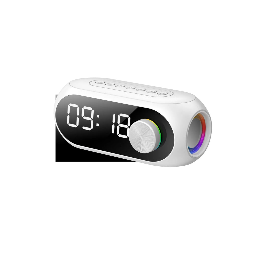 S8 Black portable mini Bluetooth speaker with extra bass and digital clock display on front.