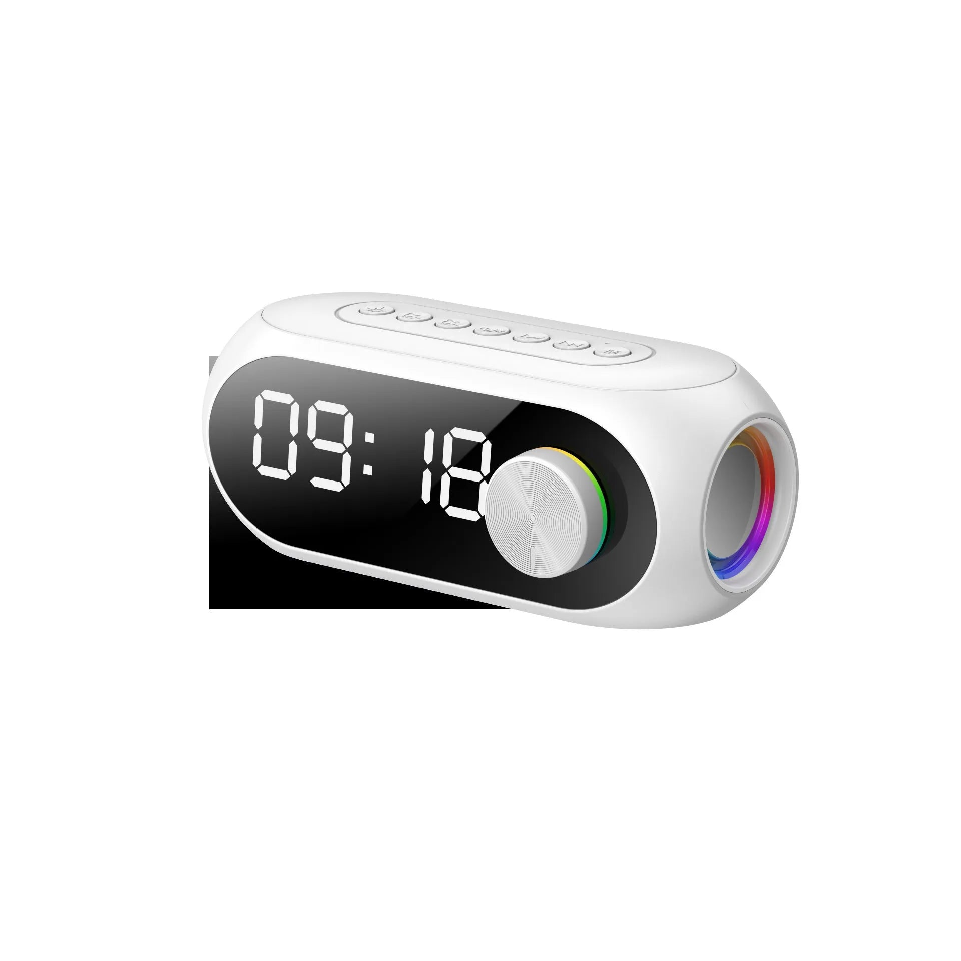 S8 Black portable mini Bluetooth speaker with extra bass and digital clock display on front.