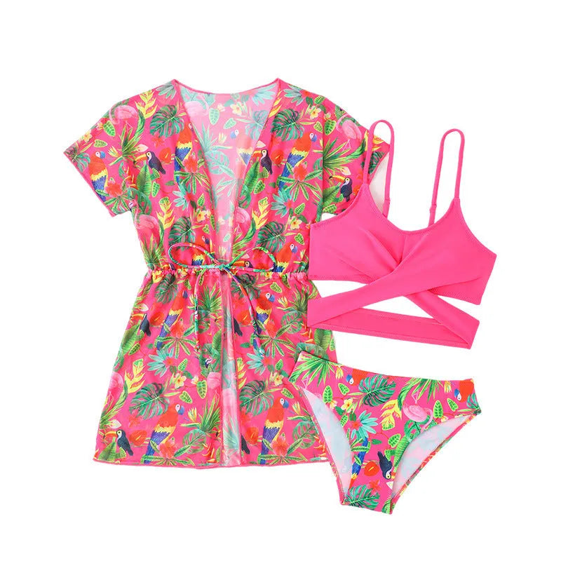 Girls floral split overclothes swimsuit bikini set in polyester fabric