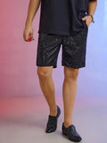 Men's silver and black sequin shorts with straight cut design and medium elastic waistband