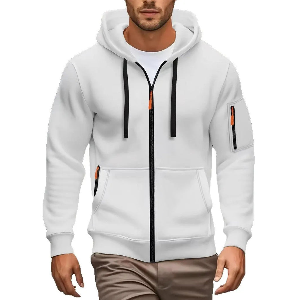 Men's camel-coloured hooded zip-up cardigan sweatshirt with long sleeves on a white background.