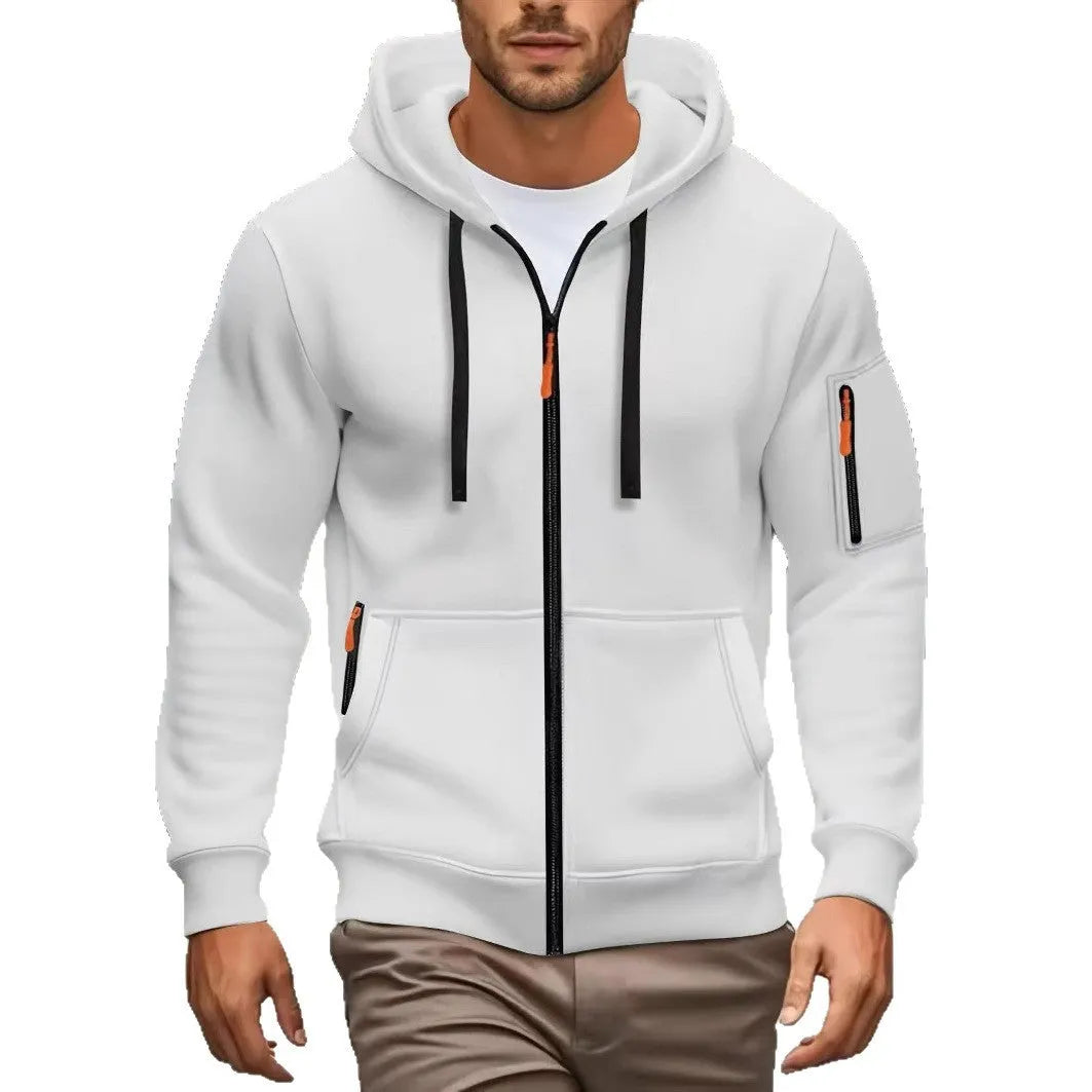 Men's camel-coloured hooded zip-up cardigan sweatshirt with long sleeves on a white background.
