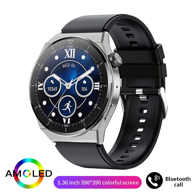 Black silicone strap smartwatch with silver case vinyl, showing TFT touch screen displaying heart rate data