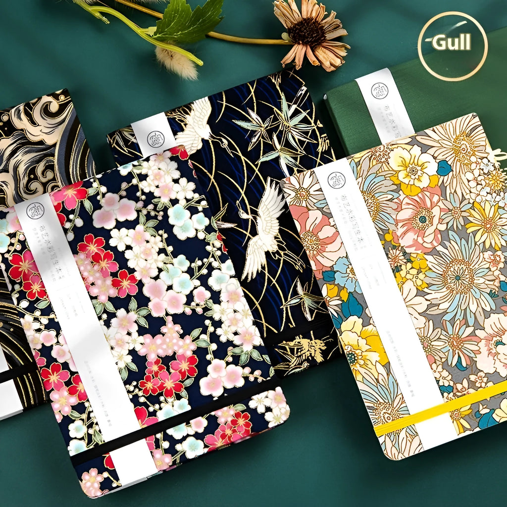 Fabric-bound handmade watercolour notebook with artistic cover design for character sketching