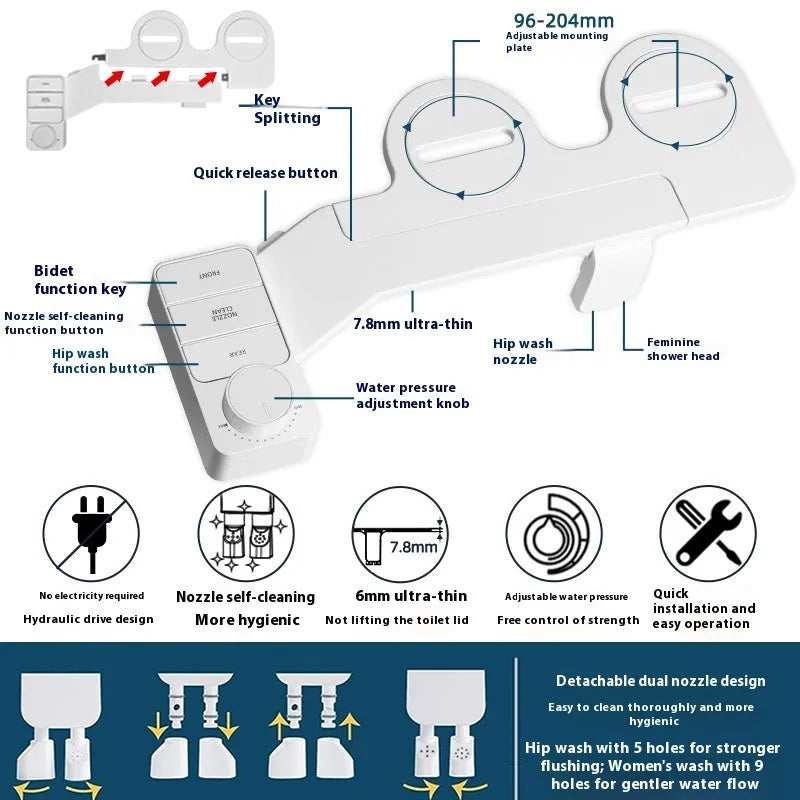 Pure white butt-lifting wash tool with detachable nozzle and one-click knob, no plug required.