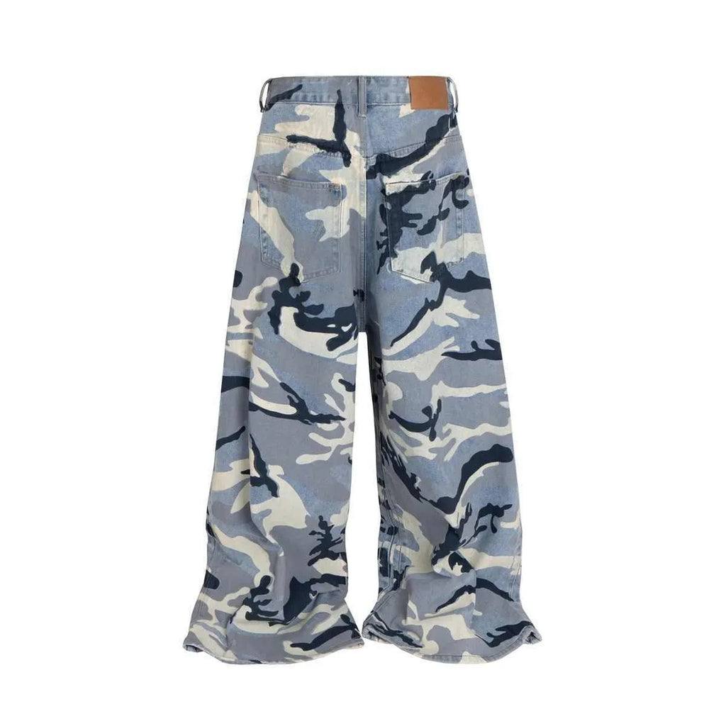 Snow camouflage blue loose fit jeans for men and women in cotton denim with micro-elastic fabric