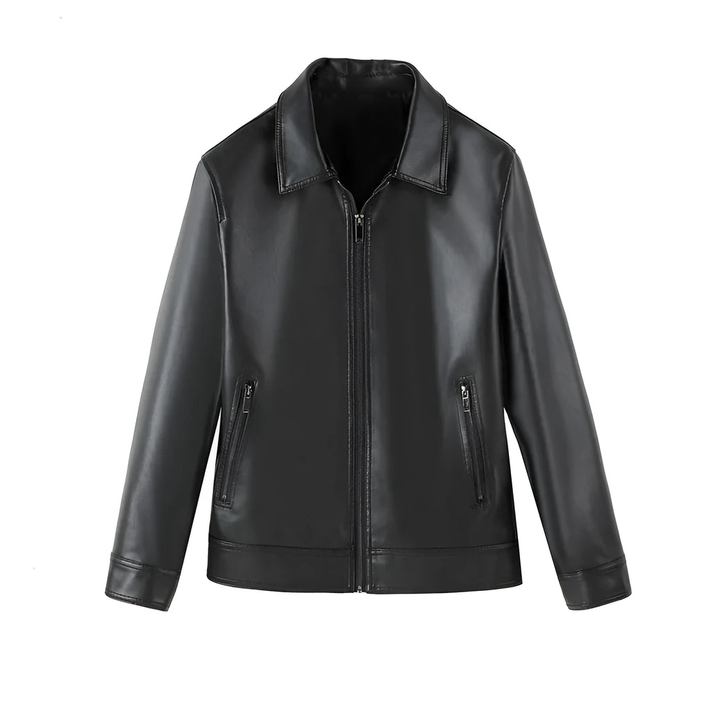 Men's black PU leather casual jacket with zip pockets and loose fit