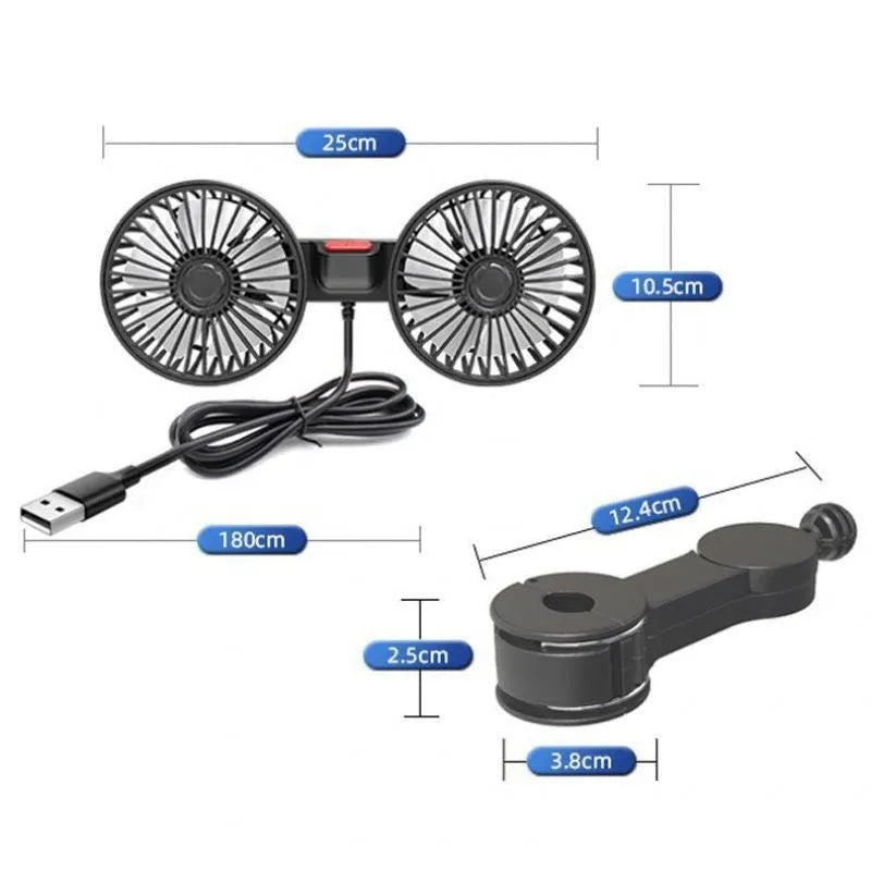 Black car mounted USB dual head fan with rear double-headed design, plastic body, and included bracket