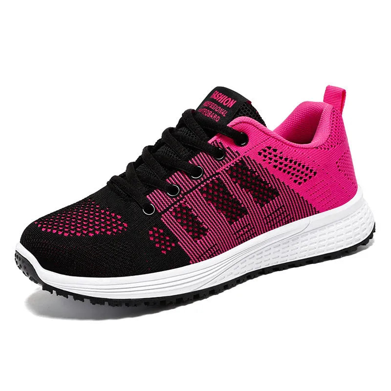 Women's Flyknit running shoe in black, rose red, or gray pink with soft sole and flat heel.