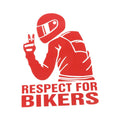 Respect For Bikers 15x11cm car sticker in reflective silver, black, red, yellow, laser, and 3D carbon fibre finishes.
