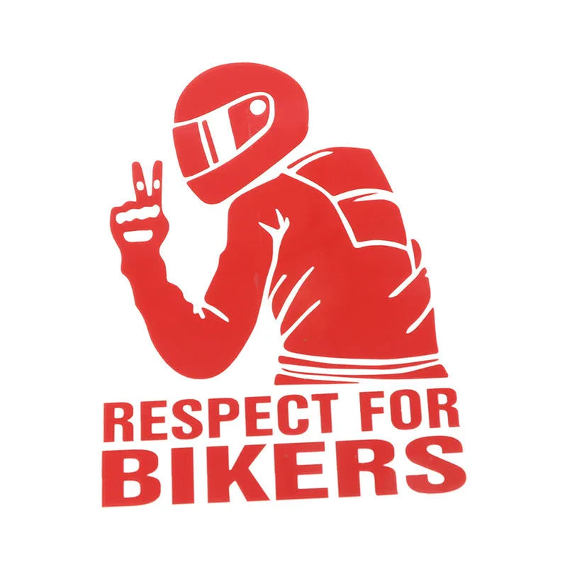 Respect For Bikers 15x11cm car sticker in reflective silver, black, red, yellow, laser, and 3D carbon fibre finishes.