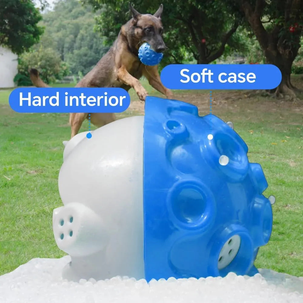 Durable dog chew toy ball with coloured rubber surface featuring tooth-cleaning bumps