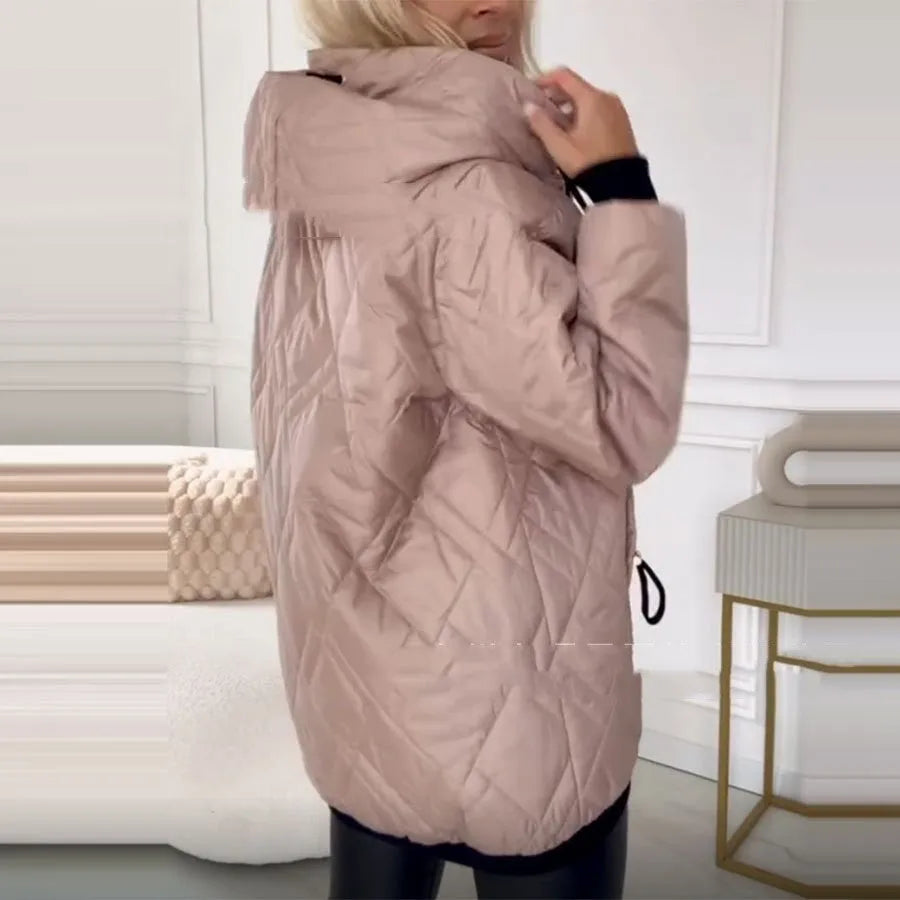 Women's black casual hooded zip-up coat on a hanger
