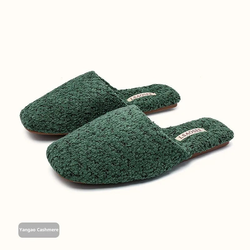 Fleece-lined thermal cotton slippers for women and men, non-slip beef tendon sole, square round toe, solid colour