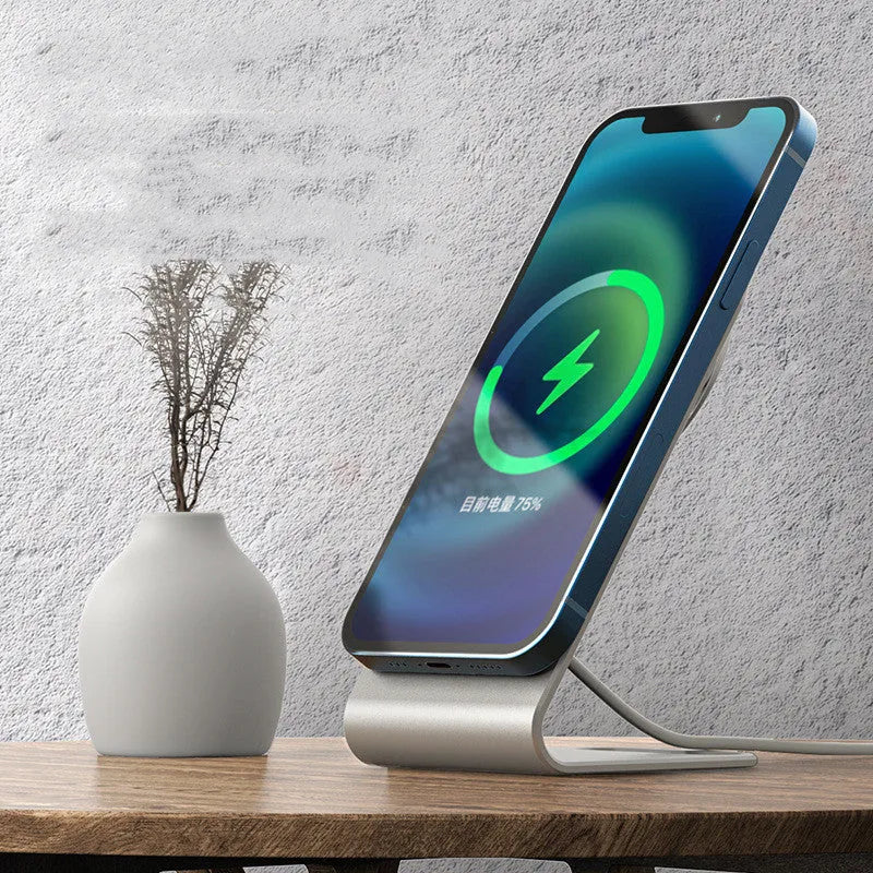 Silver aluminium alloy magnetic wireless charging bracket for MagSafe phones desktop stand