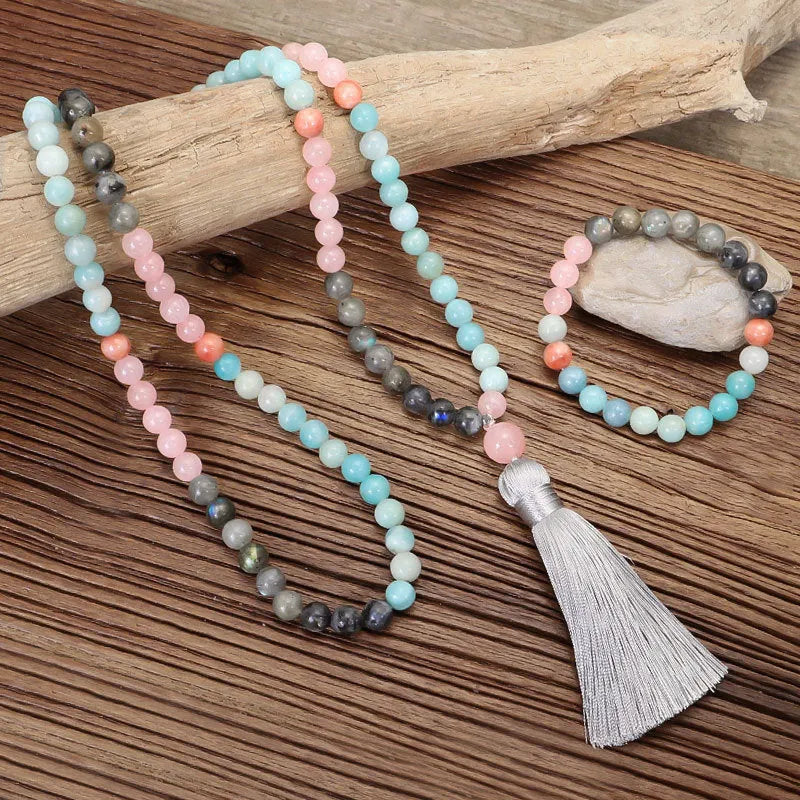 Bohemian stone necklace and bracelet set with colourful tassel pendant