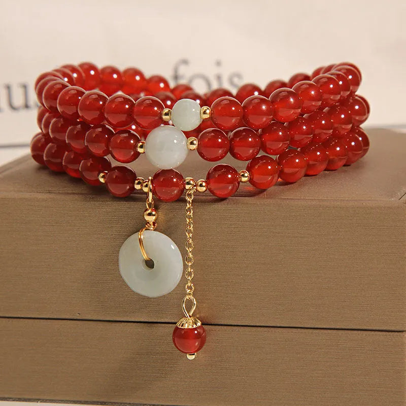 Red agate crystal multi-layer bracelet for women with adjustable length in retro ethnic style