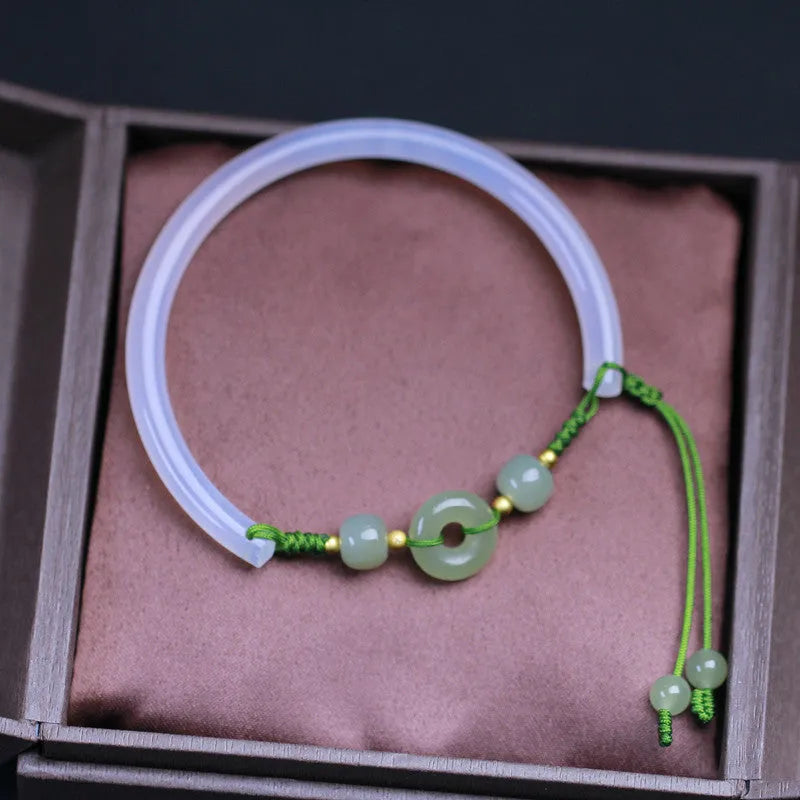 Handmade half bracelet with Hetian jade, white agate beads, and peace buckle closure