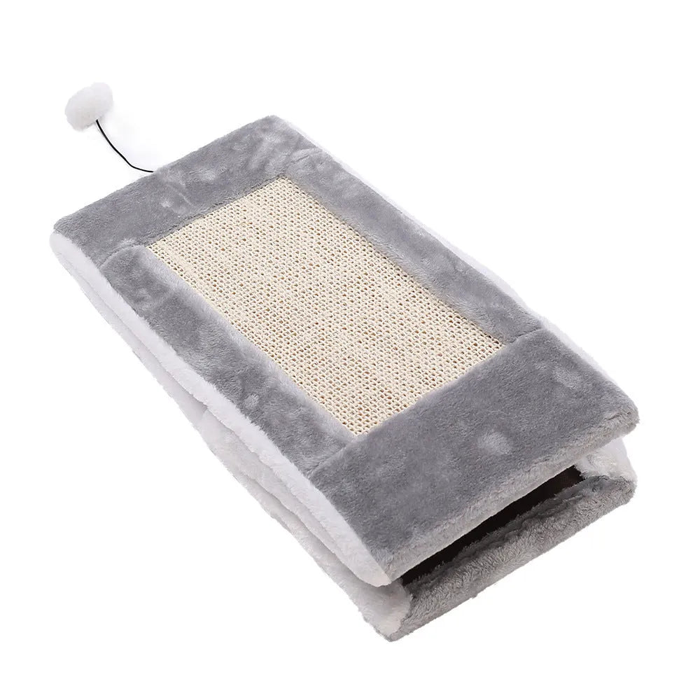 Triangular cat bed cage with sisal scratching surface in grey and white colour