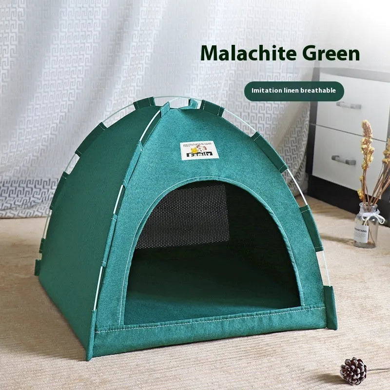 Grey linen-like fabric cat nest tent bed for a small dog with a removable cover.