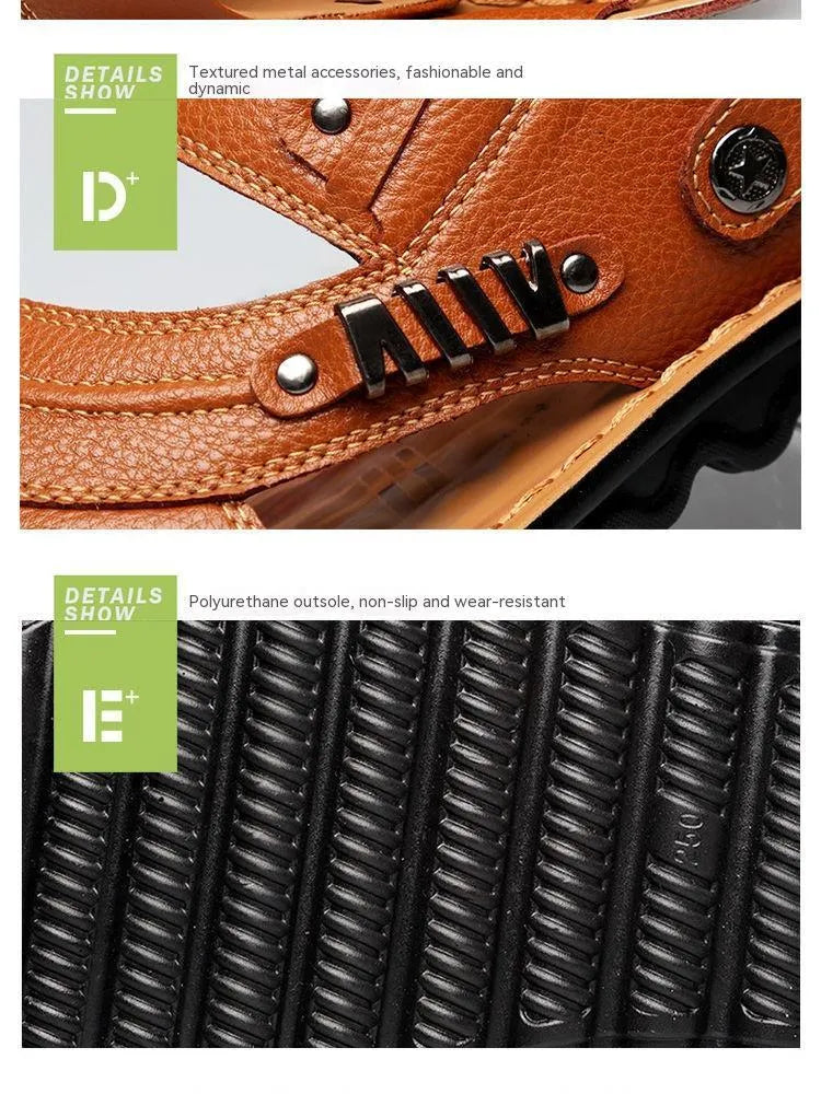 Men's first layer cowhide open-toe sandals with rubber sole, available in black colour option