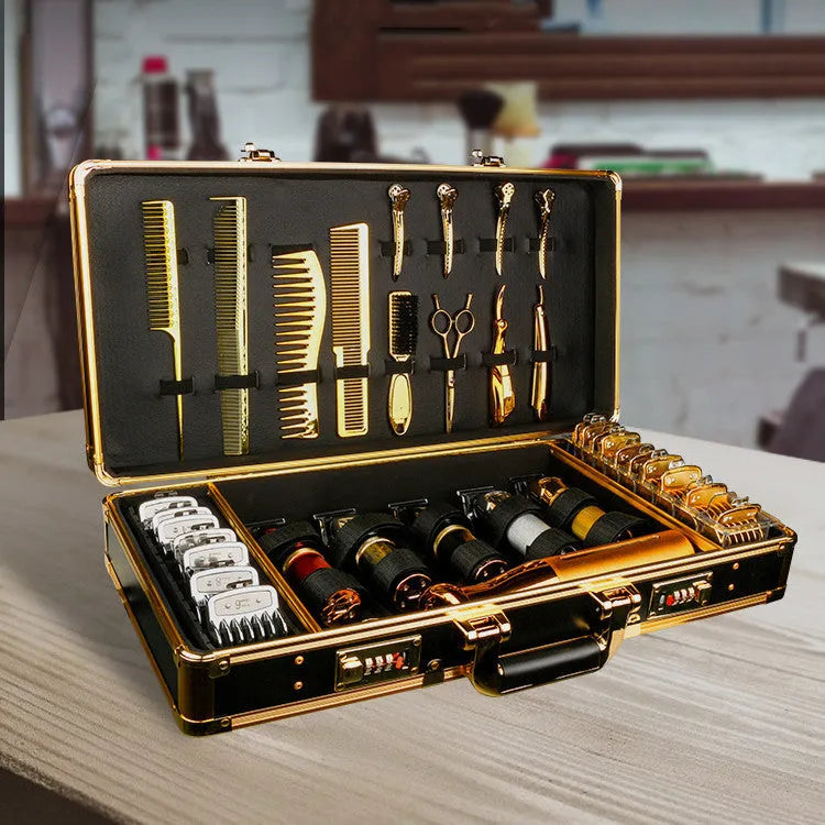 PVC suitcase-style storage box for hairdressing tools in black, gold or white colour options