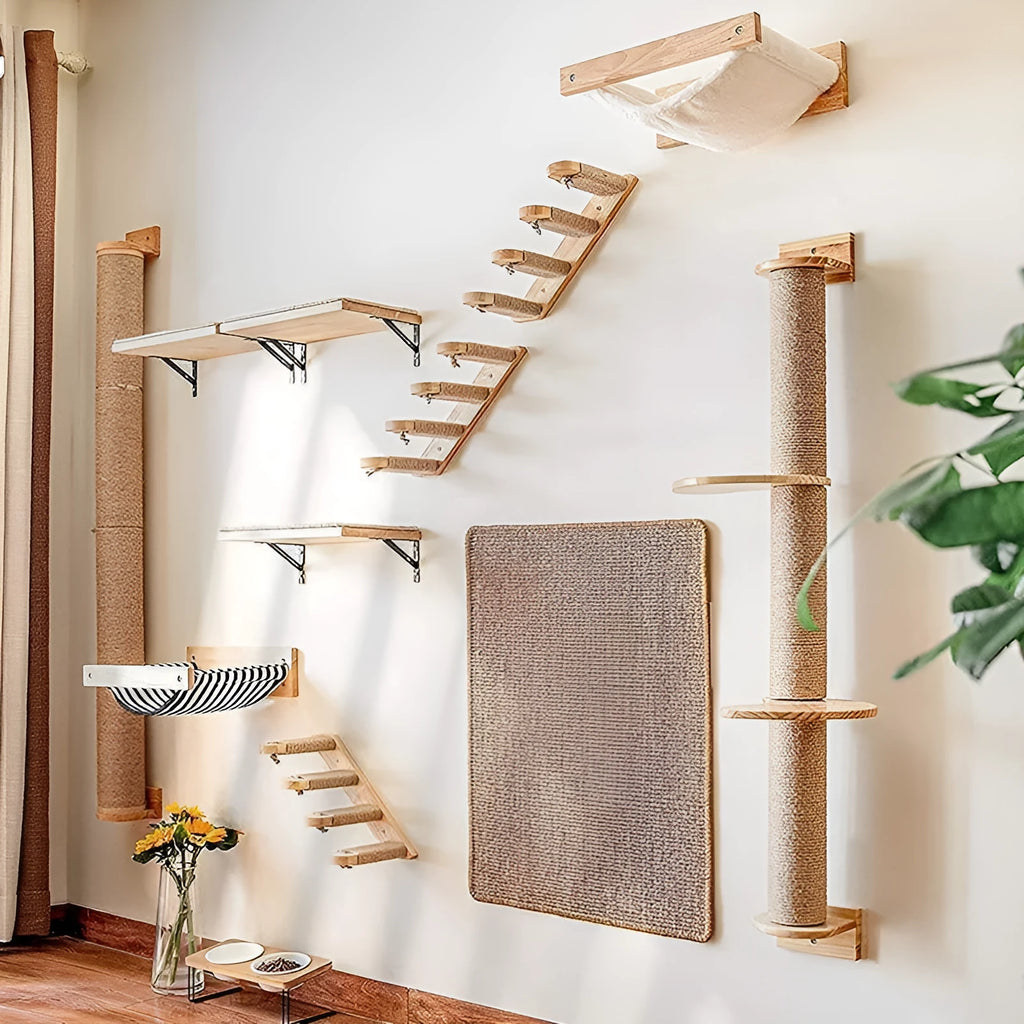 Wooden wall-mounted cat climbing frame with sisal rope scratching post and elevated platform