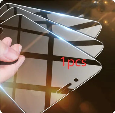 Transparent tempered glass screen protector for iPhone with anti-fingerprint coating.