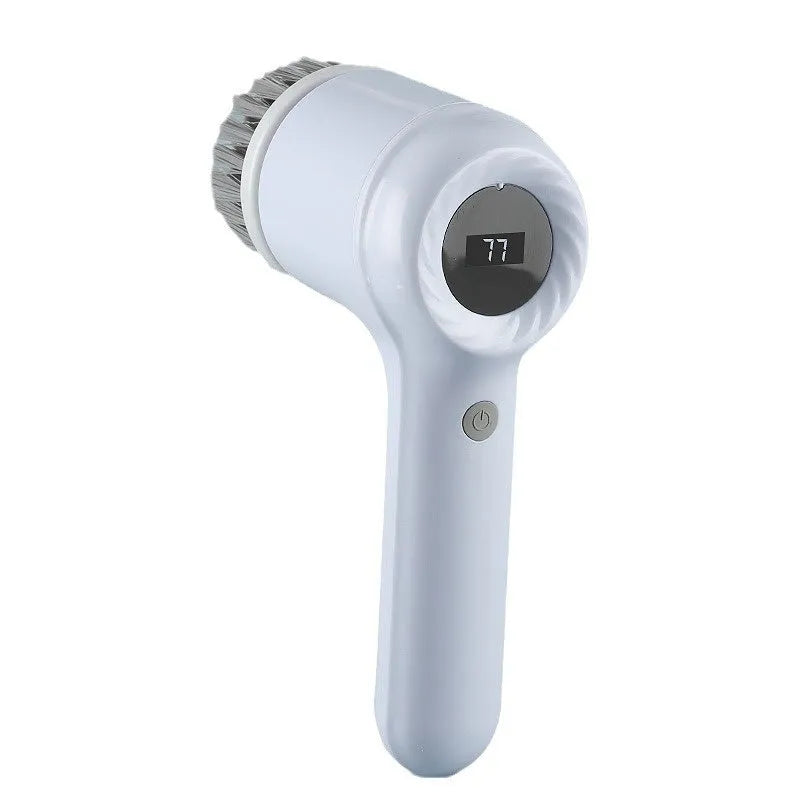 USB rechargeable electric cleaning brush in light grey or purple with multiple cleaning heads for kitchen use