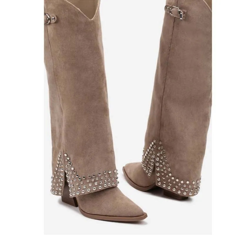 Women's black pantyhose boots with microfiber suede upper and rubber sole shown as oversleeves